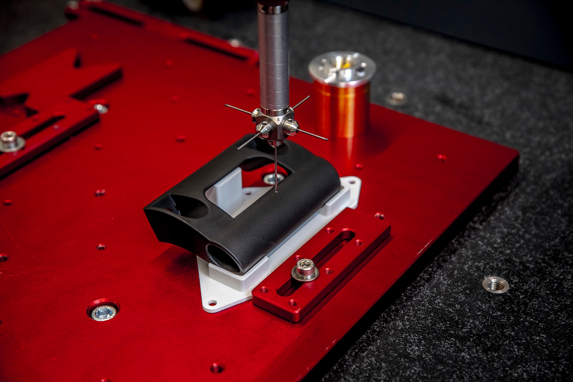 A 3D printed measuring fixture designed in fixturemate used in a CMM operation